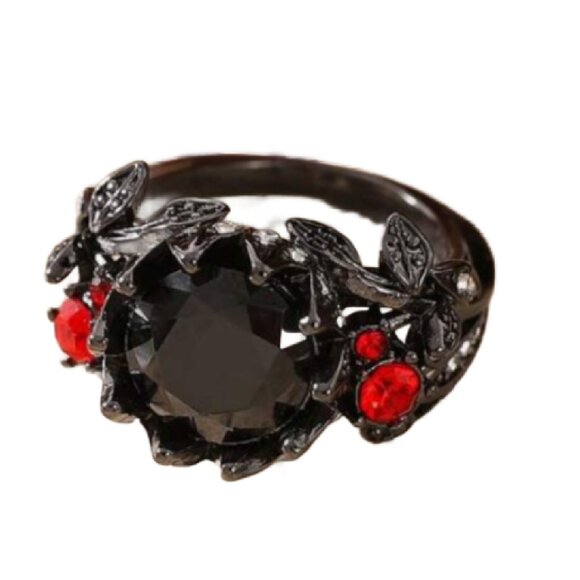 Vintage Style Dark Simulated Onyx and Red Stone Ring, Art Deco Leaf Design - Picture 1 of 3